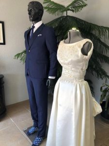 Formal-Blue-Suit-Vest-White-Shirt-Blue-Tie-Male-White-Embroidered-Female-Beaded-Wedding-Dress-Gown-Mannequins