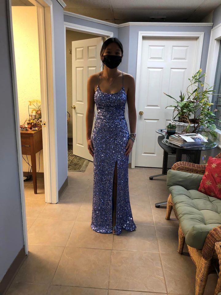 Formal-Blue-Sleeveless-Sequined-Embellishment-Prom-Party-Dress-Gown--Altered-Alteration-Fitted-Tailored-Design-Ready-Customer-Delivery-Final-Fit-Check-Front