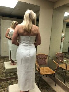 Beautiful-White-Strapless-Summer-Dress-Wedding-Beach-Gown-Fit-Check-Altered-Fitted-Tailored-Design-Customer-Back-Mirror