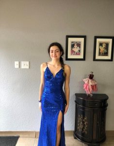 Formal-Blue-Sequin-Party-Dress-Dancing-Event-Evening-Gown-Slit-Long-Sleeveless-V-Neck-Altered-Fitted-Tailored-Design-Ready-Customer-Delivery-Front