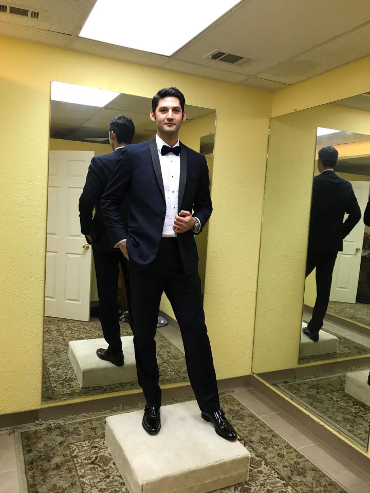 Men-Model-Black-Tuxedo-Fitted-White-Dress-Shirt-Black-Bow-Tie-Altered-Alteration-Tailored-Design-Posing-Fit-Check-Back-Front-Mirror