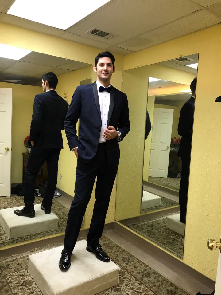 Men-Model-Black-Tuxedo-Fitted-White-Dress-Shirt-Black-Bow-Tie-Altered-Alteration-Tailored-Design-Posing-Fit-Check-Back-Front-Mirror