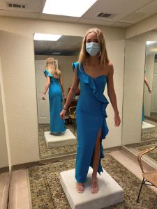Ruffle-One-Shoulder-Sleeveless-Royal-Blue-Prom-Dress-Fit-Check-Mirror-Front-Back-Fitting-Room--Altered-Alteration-Fitted-Tailored-Design-Ready-Customer-Delivery