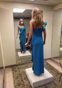 Ruffle-One-Shoulder-Sleeveless-Royal-Blue-Prom-Dress-Fit-Check-Mirror-Front-Back-Fitting-Room--Altered-Alteration-Fitted-Tailored-Design-Ready-Customer-Delivery
