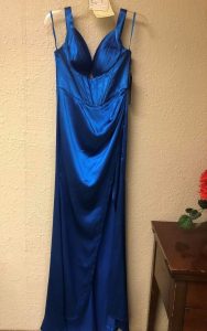 Formal-Dress-Gown-Shiny-Blue-Silk-Hung-Rack-Bridesmaid-Altered-Alteration-Fitted-Tailored-Design-Ready-Customer-Delivery