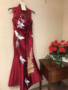 Formal-Dress-Gown-Formal-Sequin-Beaded-Pearl-Burgundy-Gold-Birds-Embroidered-Flowers-Lace-Sleeveless-Altered-Alteration-Fitted-Tailored-Design-Ready-Customer-Delivery