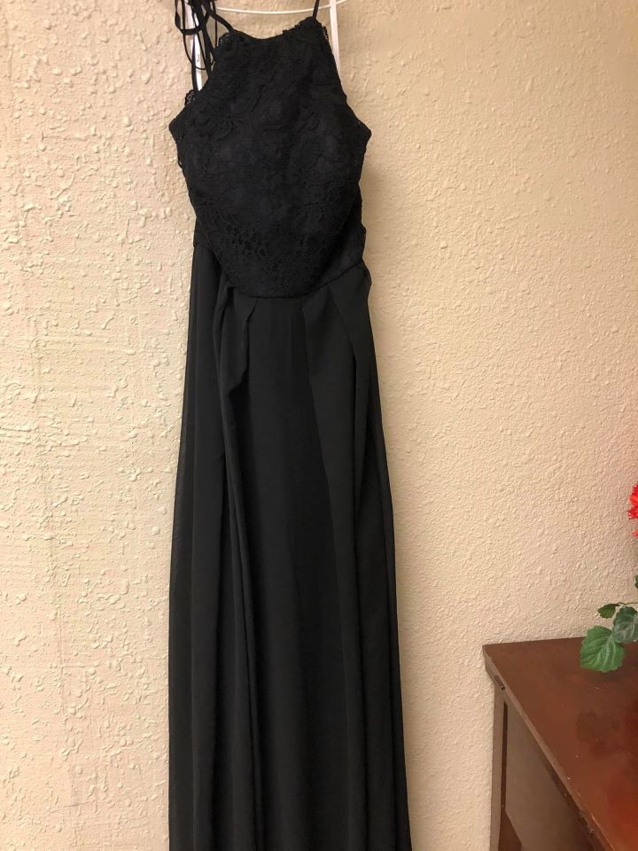 Black-Chiffon-A-line-Bridesmaid-Dress-Gown-Lace-Halter-Neckline-Sheer-Black-Lace-Detail-Natural-Waist-Altered-Alteration-Fitted-Tailored-Design-Ready-Customer-Delivery